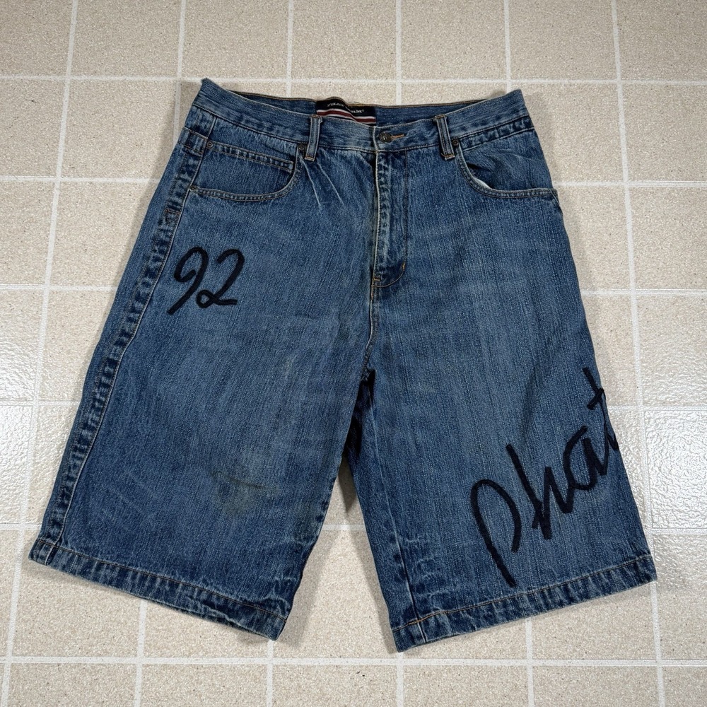 Vtg 90s Y2K Phat Farm Baggy Blue Denim Jorts  Jean Hip Hop Shorts 36 Embroidered